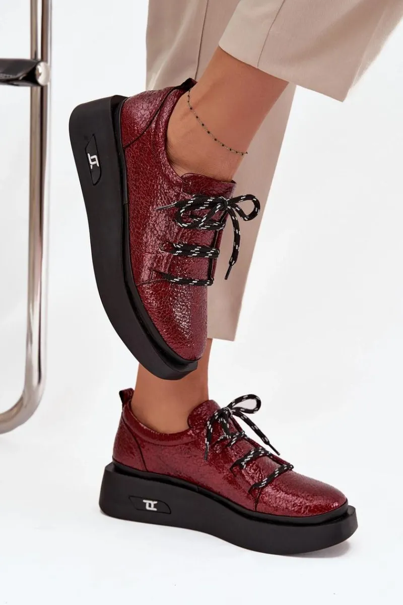 Buty Sportowe Na Platformie|Półbuty Skórzane>Artiker Skórzane Lakierowane Półbuty Damskie Na Platformie 57C2046 Bordowe