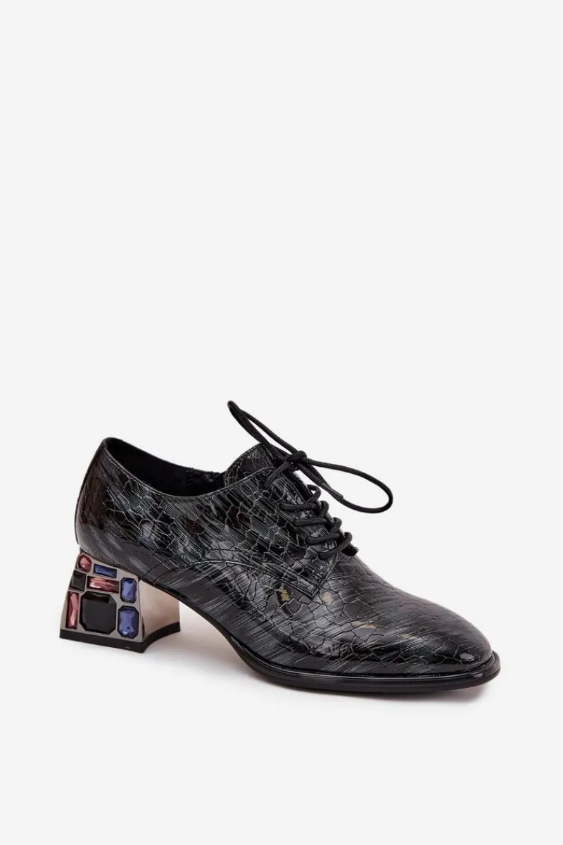 Półbuty Skórzane>Artiker Skórzane Lakierowane Półbuty Damskie Na Obcasie Z Kryształkami 57C0072 Szare Szary