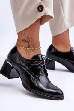 Skórzane Lakierowane Półbuty Damskie Na Obcasie Czarne Keria Damskie Półbuty Skórzane