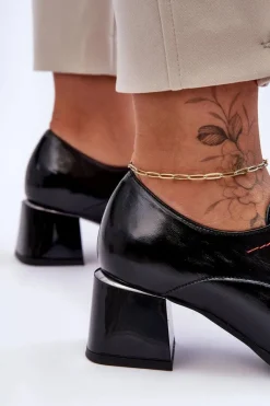 Skórzane Lakierowane Półbuty Damskie Na Obcasie Czarne Keria Damskie Półbuty Skórzane