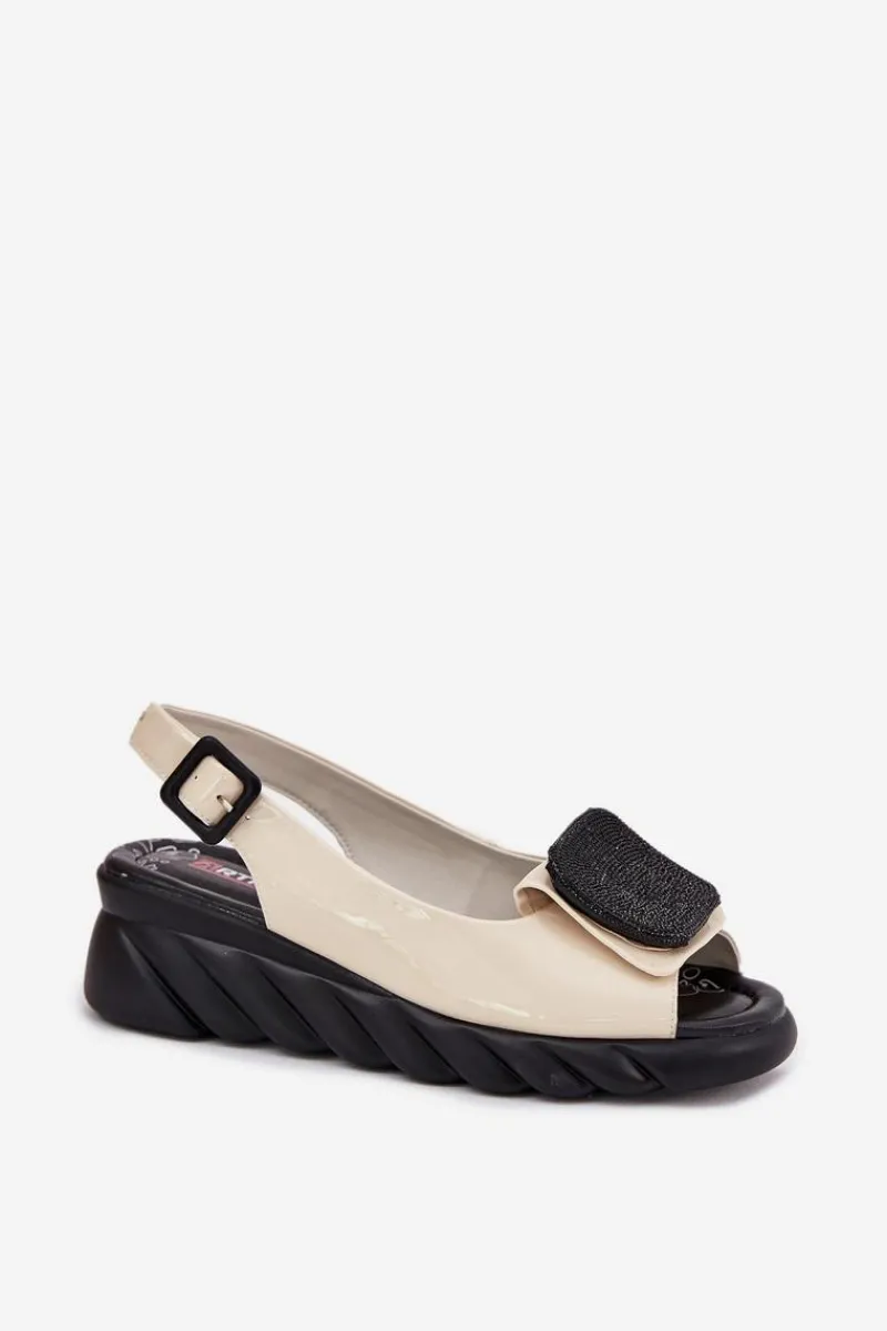 Sandały Na Koturnie>Artiker Skórzane Lakierowane Sandały Damskie Na Koturnie z Ozdobą 56C1567 Beżowe Beżowy