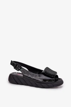 Artiker Skórzane Lakierowane Sandały Damskie Na Koturnie z Ozdobą 56C1564 Czarne Czarny