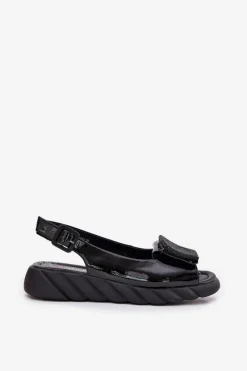 Artiker Skórzane Lakierowane Sandały Damskie Na Koturnie z Ozdobą 56C1564 Czarne Czarny