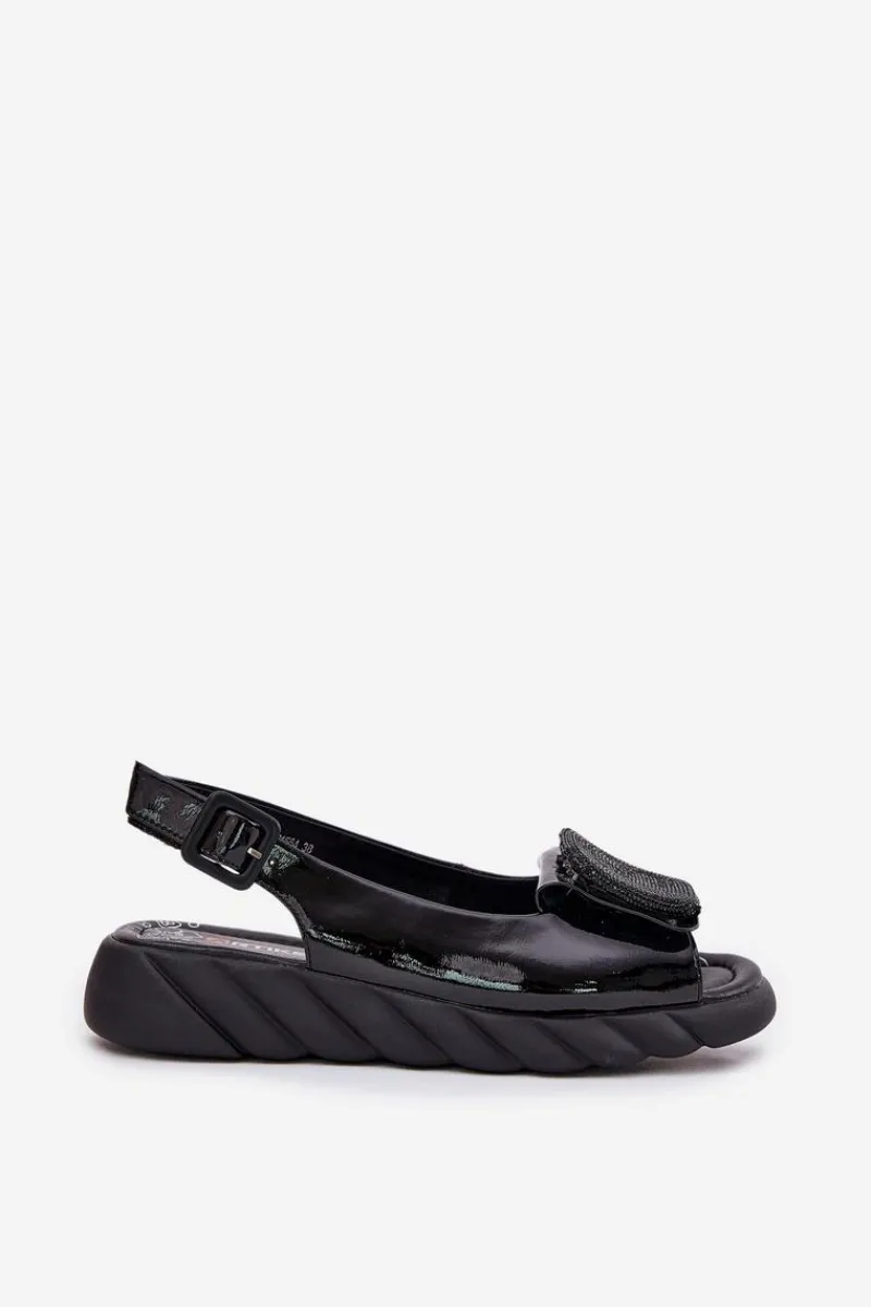 Artiker Skórzane Lakierowane Sandały Damskie Na Koturnie z Ozdobą 56C1564 Czarne Czarny