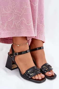 New Skórzane Lakierowane Sandały Damskie Na Słupku Czarne Mevonelle Damskie Sandały Na Słupku|Sandały Na Obcasie