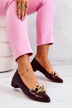 Czółenka Na Słupku|Czółenka Klasyczne>Boto Skórzane Lakierowane Wężowe Czółenka Bordowe Elissabeth Czerwony