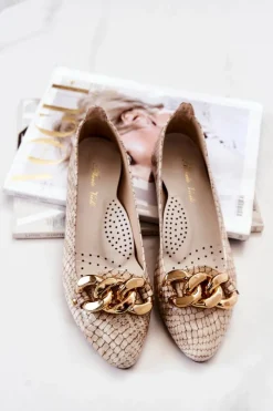 Best Skórzane Lakierowane Wężowe Czółenka Beżowe Elissabeth Damskie Czółenka Na Słupku|Czółenka Klasyczne