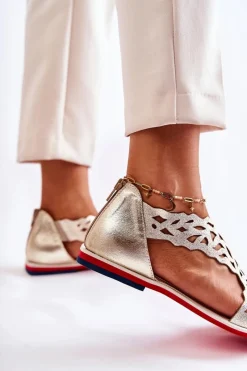 Online Skórzane Lekkie Ażurowe Sandały Złote Alima Damskie Sandały Ażurowe|Sandały Na Koturnie