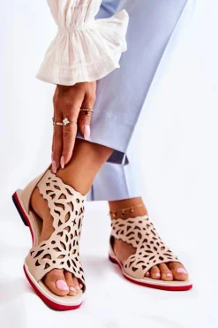 Hot Skórzane Lekkie Ażurowe Sandały Beżowe Alima Damskie Sandały Ażurowe|Sandały Na Koturnie