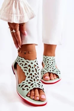 Hot Boto Skórzane Lekkie Ażurowe Sandały Zielone Alima