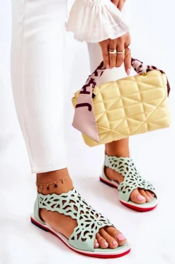 Hot Boto Skórzane Lekkie Ażurowe Sandały Zielone Alima