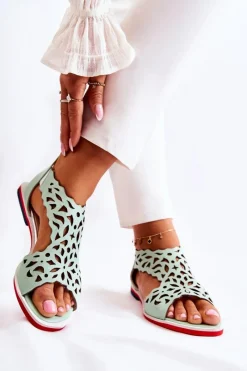 Hot Boto Skórzane Lekkie Ażurowe Sandały Zielone Alima