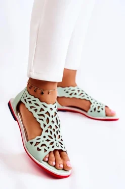 Hot Boto Skórzane Lekkie Ażurowe Sandały Zielone Alima