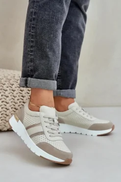 Best Evento Skórzane Lekkie Sneakersy Buty Sportowe Damskie Beżowe Norlexia