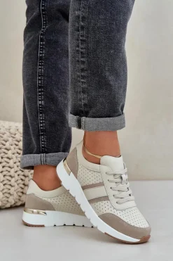 Best Evento Skórzane Lekkie Sneakersy Buty Sportowe Damskie Beżowe Norlexia