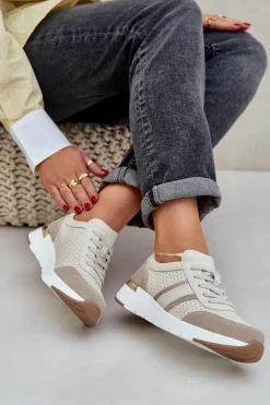 Best Evento Skórzane Lekkie Sneakersy Buty Sportowe Damskie Beżowe Norlexia