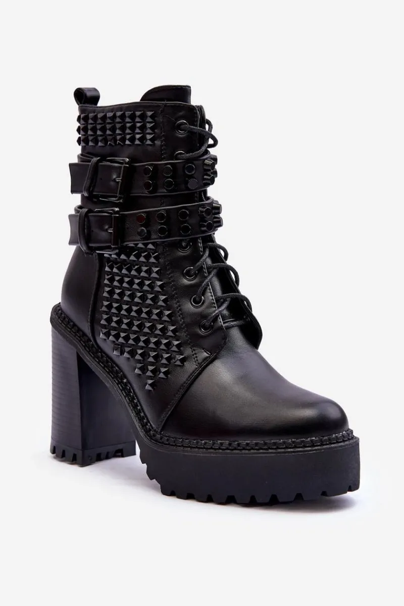Best Skórzane Masywne Botki Na Obcasie Ćwieki Czarne Cadabra Damskie Botki Na Słupku|Czarne Botki