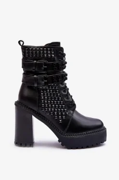 Best Skórzane Masywne Botki Na Obcasie Ćwieki Czarne Cadabra Damskie Botki Na Słupku|Czarne Botki