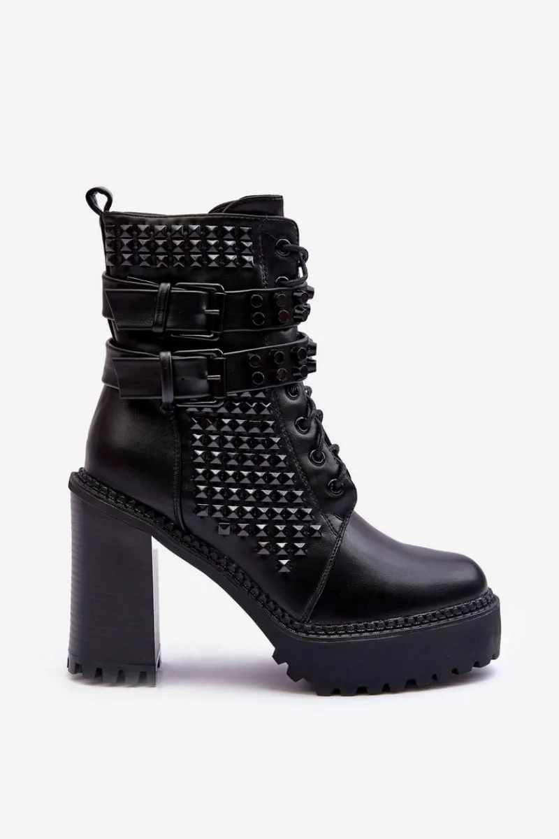 Best Skórzane Masywne Botki Na Obcasie Ćwieki Czarne Cadabra Damskie Botki Na Słupku|Czarne Botki