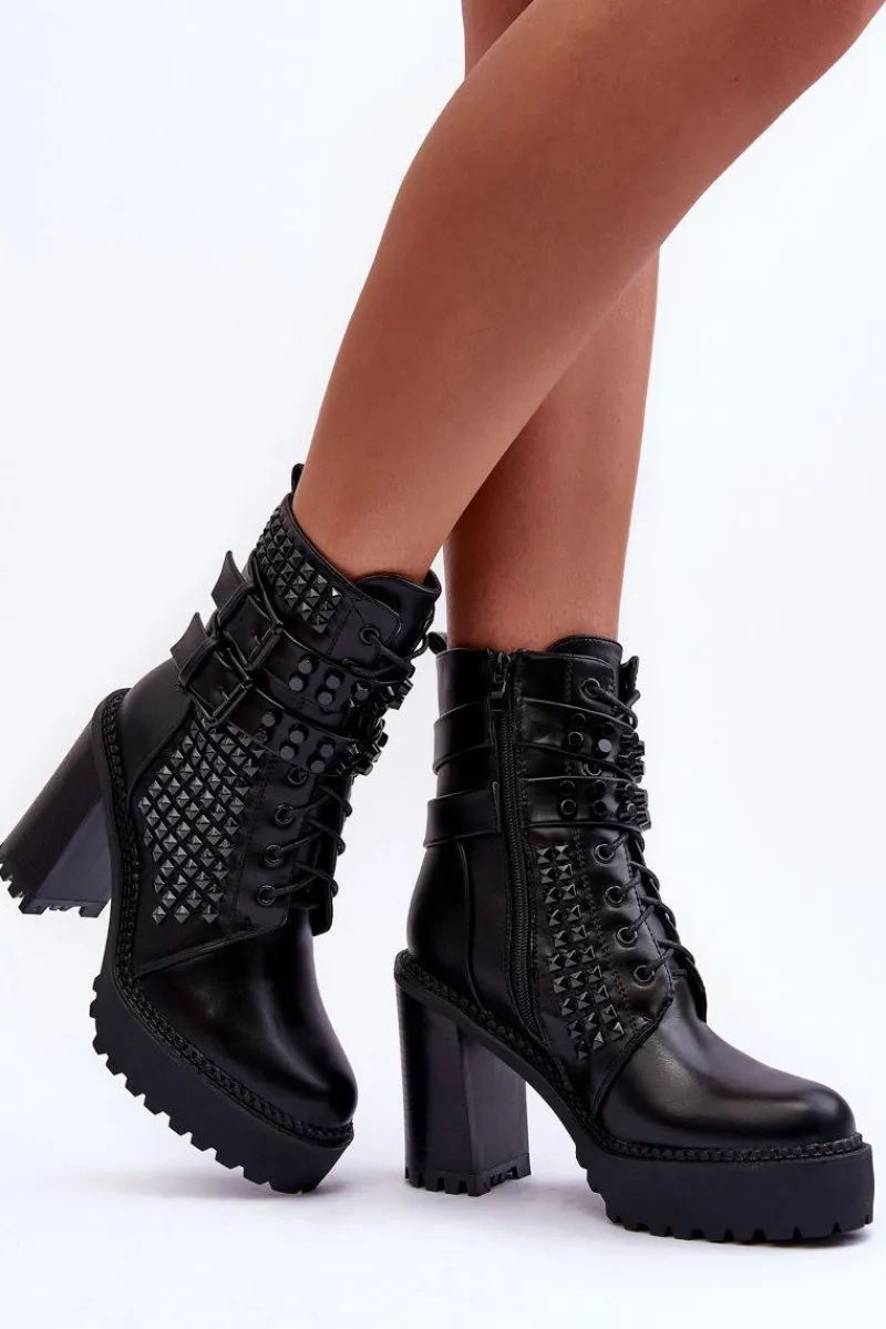 Best Skórzane Masywne Botki Na Obcasie Ćwieki Czarne Cadabra Damskie Botki Na Słupku|Czarne Botki