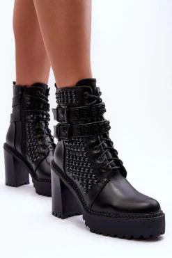 Best Skórzane Masywne Botki Na Obcasie Ćwieki Czarne Cadabra Damskie Botki Na Słupku|Czarne Botki