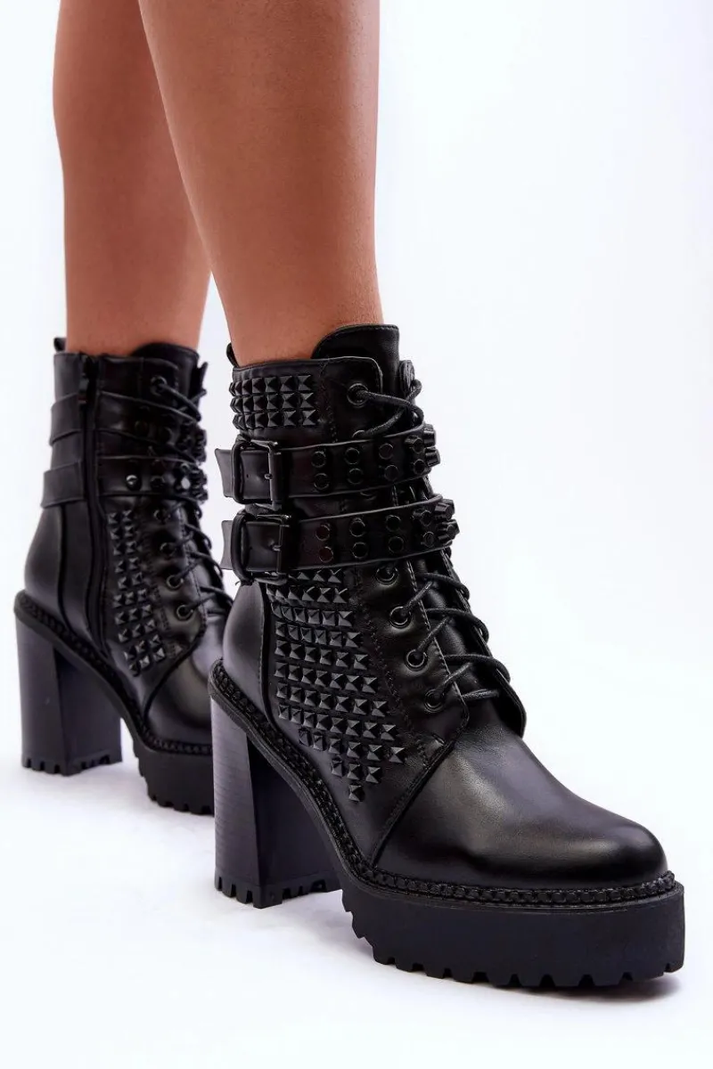 Best Skórzane Masywne Botki Na Obcasie Ćwieki Czarne Cadabra Damskie Botki Na Słupku|Czarne Botki