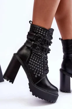 Best Skórzane Masywne Botki Na Obcasie Ćwieki Czarne Cadabra Damskie Botki Na Słupku|Czarne Botki