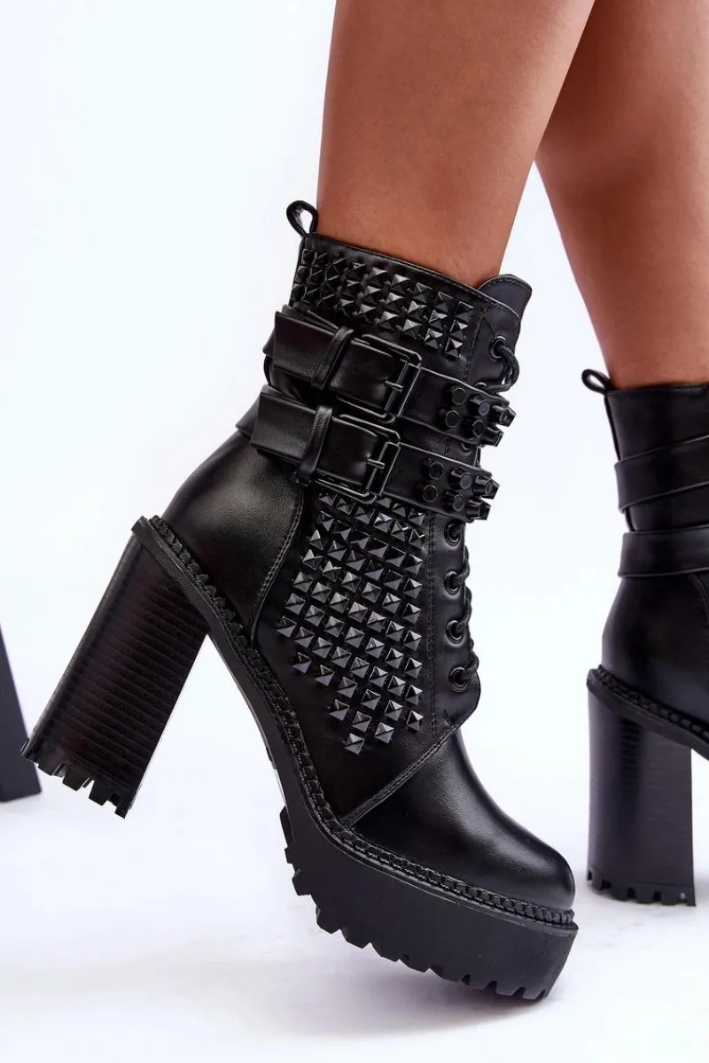 Best Skórzane Masywne Botki Na Obcasie Ćwieki Czarne Cadabra Damskie Botki Na Słupku|Czarne Botki