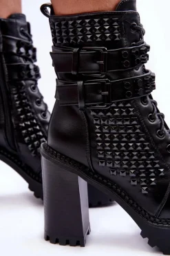 Best Skórzane Masywne Botki Na Obcasie Ćwieki Czarne Cadabra Damskie Botki Na Słupku|Czarne Botki