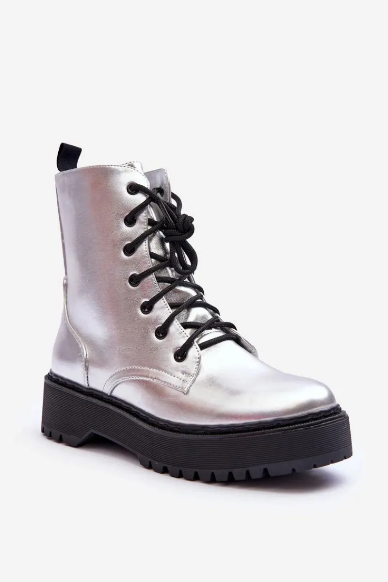 Sale Skórzane Metaliczne Botki Workery Srebrne Teflorna Damskie Botki Sznurowane|Brązowe I Beżowe Botki