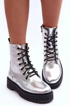 Sale Skórzane Metaliczne Botki Workery Srebrne Teflorna Damskie Botki Sznurowane|Brązowe I Beżowe Botki