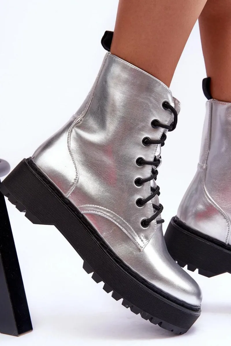 Sale Skórzane Metaliczne Botki Workery Srebrne Teflorna Damskie Botki Sznurowane|Brązowe I Beżowe Botki