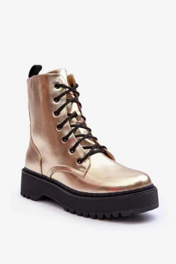 Clearance Skórzane Metaliczne Botki Workery Złote Teflorna Damskie Botki Sznurowane|Brązowe I Beżowe Botki