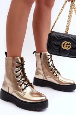 Clearance Skórzane Metaliczne Botki Workery Złote Teflorna Damskie Botki Sznurowane|Brązowe I Beżowe Botki