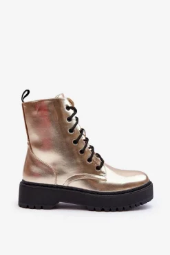 Clearance Skórzane Metaliczne Botki Workery Złote Teflorna Damskie Botki Sznurowane|Brązowe I Beżowe Botki