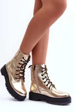 Clearance Skórzane Metaliczne Botki Workery Złote Teflorna Damskie Botki Sznurowane|Brązowe I Beżowe Botki