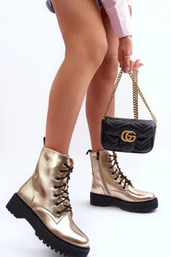 Clearance Skórzane Metaliczne Botki Workery Złote Teflorna Damskie Botki Sznurowane|Brązowe I Beżowe Botki