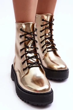 Clearance Skórzane Metaliczne Botki Workery Złote Teflorna Damskie Botki Sznurowane|Brązowe I Beżowe Botki