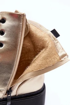 Clearance Skórzane Metaliczne Botki Workery Złote Teflorna Damskie Botki Sznurowane|Brązowe I Beżowe Botki