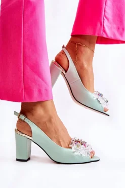 Sandały Na Obcasie|Czółenka Na Słupku></noscript>Boto Skórzane Modne Czółenka Sandały Z Ozdobą Zielone Meriss