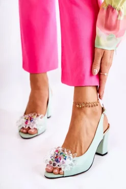 Sandały Na Obcasie|Czółenka Na Słupku></noscript>Boto Skórzane Modne Czółenka Sandały Z Ozdobą Zielone Meriss