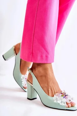 Sandały Na Obcasie|Czółenka Na Słupku></noscript>Boto Skórzane Modne Czółenka Sandały Z Ozdobą Zielone Meriss