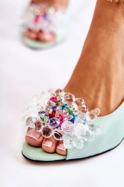 Sandały Na Obcasie|Czółenka Na Słupku></noscript>Boto Skórzane Modne Czółenka Sandały Z Ozdobą Zielone Meriss