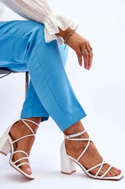 Skórzane Modne Damskie Sandały Na Obcasie Białe Primma Damskie Sandały Na Obcasie