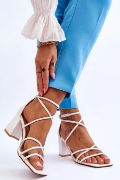 Skórzane Modne Damskie Sandały Na Obcasie Białe Primma Damskie Sandały Na Obcasie