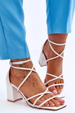 Skórzane Modne Damskie Sandały Na Obcasie Białe Primma Damskie Sandały Na Obcasie