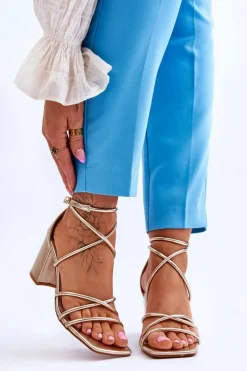 Sale Skórzane Modne Damskie Sandały Na Obcasie Złote Primma Damskie Sandały Na Obcasie