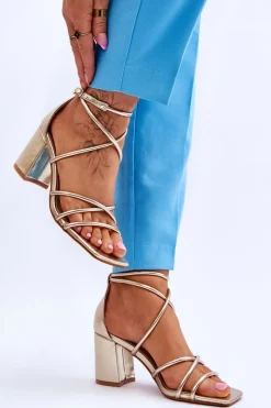 Sale Skórzane Modne Damskie Sandały Na Obcasie Złote Primma Damskie Sandały Na Obcasie