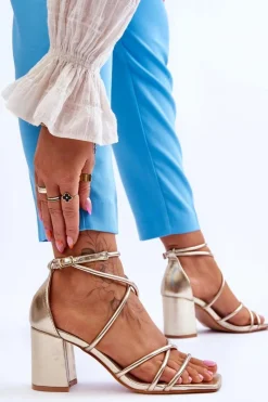 Sale Skórzane Modne Damskie Sandały Na Obcasie Złote Primma Damskie Sandały Na Obcasie