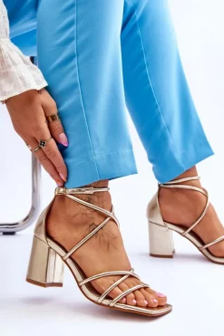 Sale Skórzane Modne Damskie Sandały Na Obcasie Złote Primma Damskie Sandały Na Obcasie